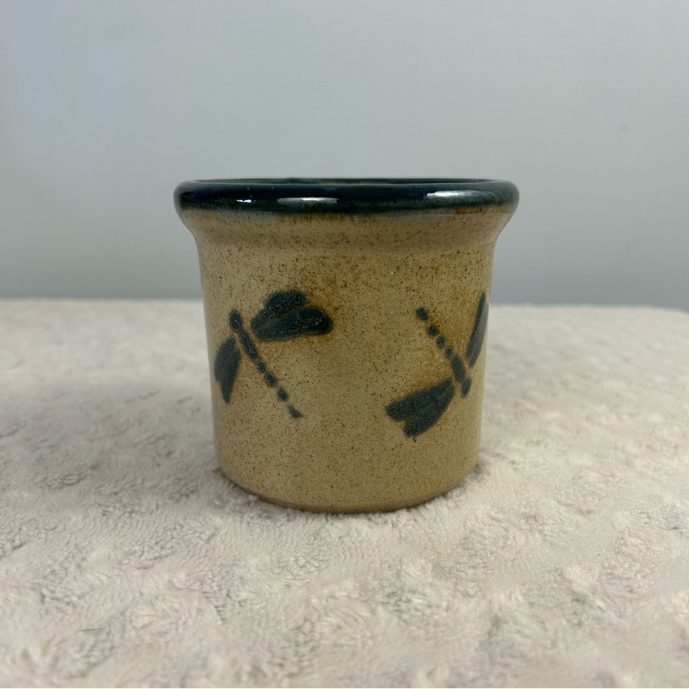 Monroe Salt Works Maine Pottery Crock Dragonfly Blue Tan Wide Vase